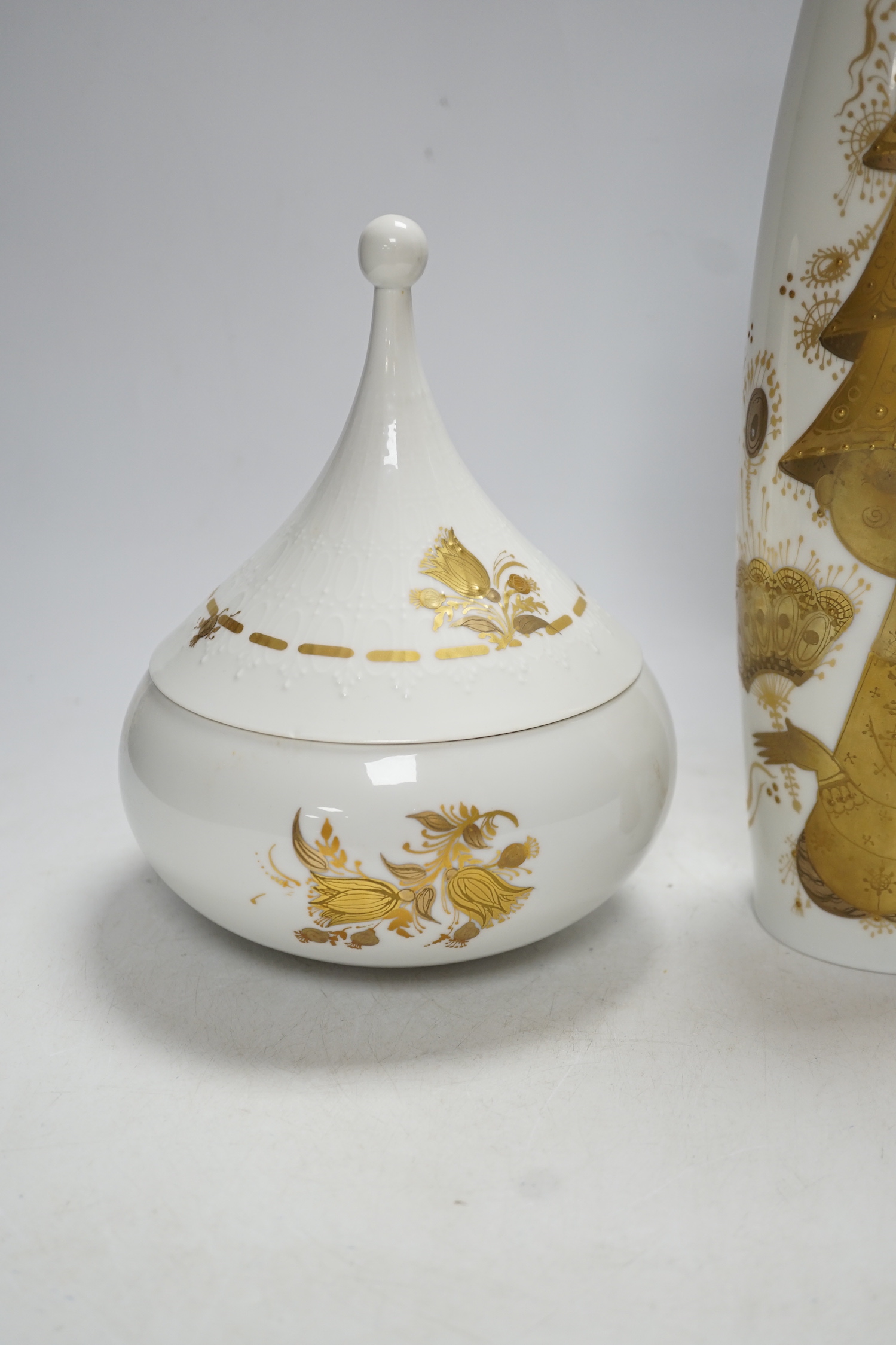 Bjørn Wiinblad for Rosenthal Germany; a Studio Line figural gilt decorated vase, and a similar gilt decorated onion shaped jar and cover, vase 31cm high